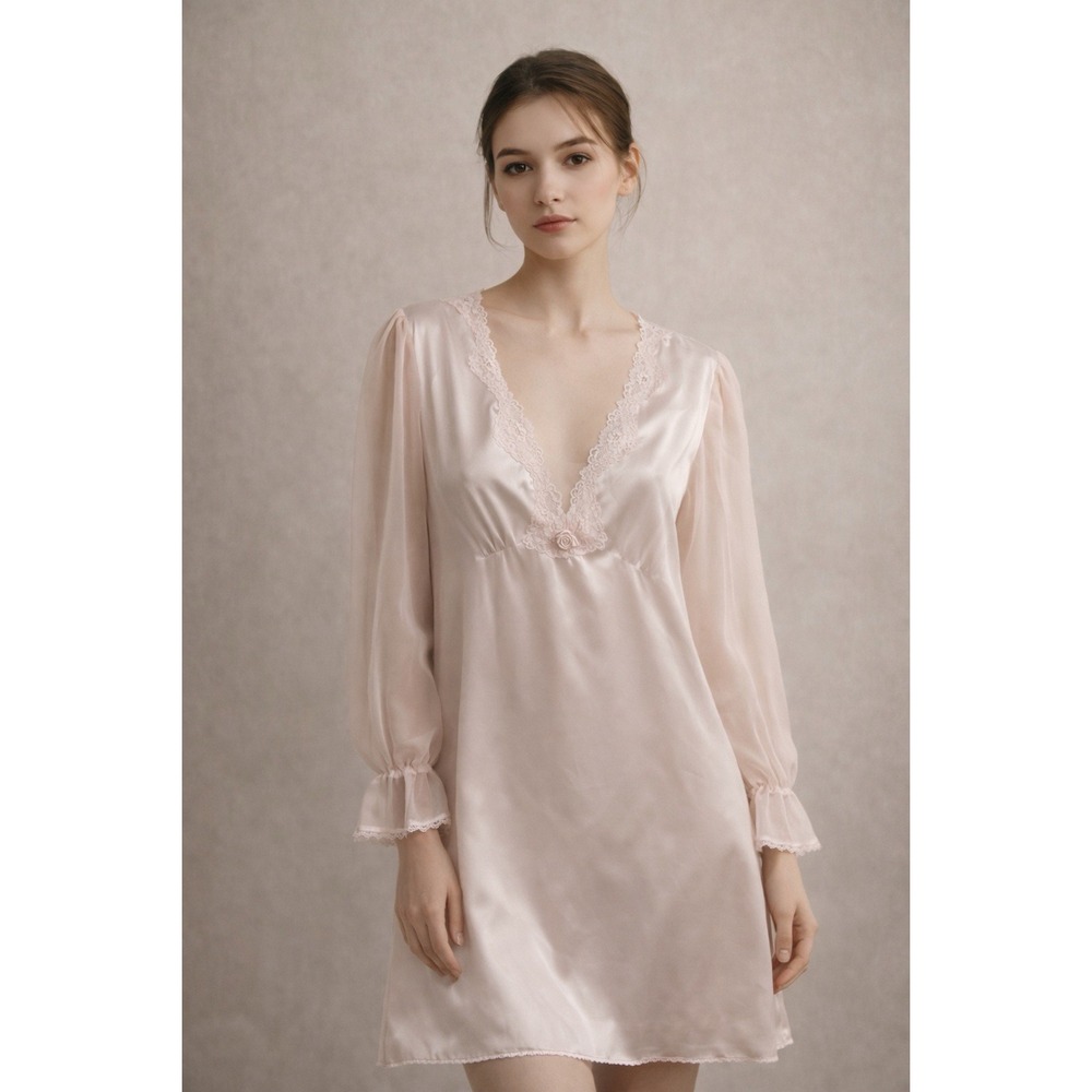 Romantic Satin Lace‎ Nightgown Peach Sheer Sleeves Colesce Collection Medium